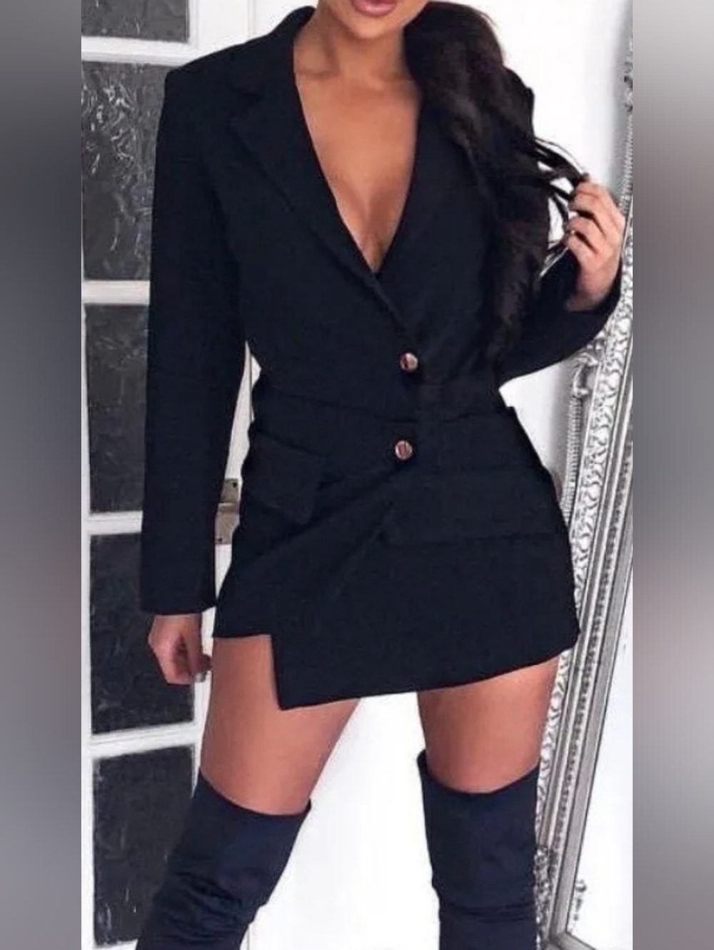 House of CB Jaimie Black Tuxedo Blazer Dress Plunge V Neck Mini Size Medium EUC